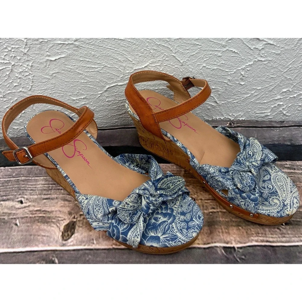 Jessica Simpson Fabiana Wedge Sandals Womens 4M Blue Paisley Bow Cork Platform